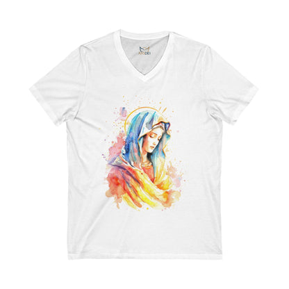 Vibrant Virgin Mary V-Neck Tee for Faithful Souls