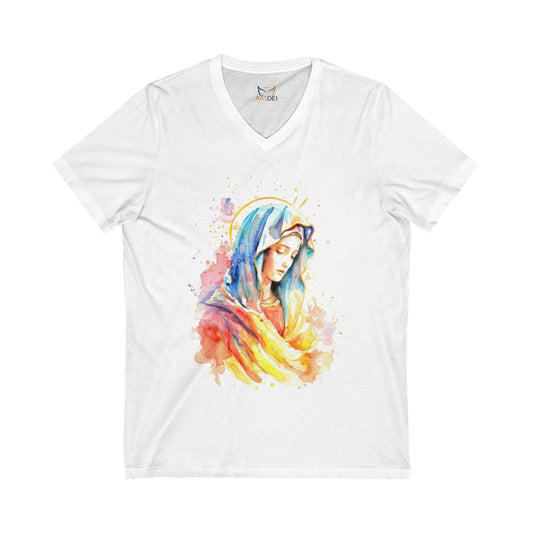 Vibrant Virgin Mary V-Neck Tee for Faithful Souls