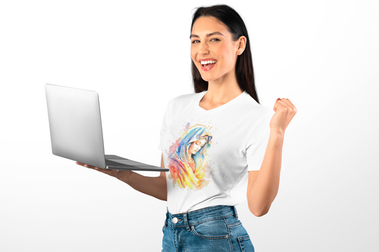 Vibrant Virgin Mary V-Neck Tee for Faithful Souls